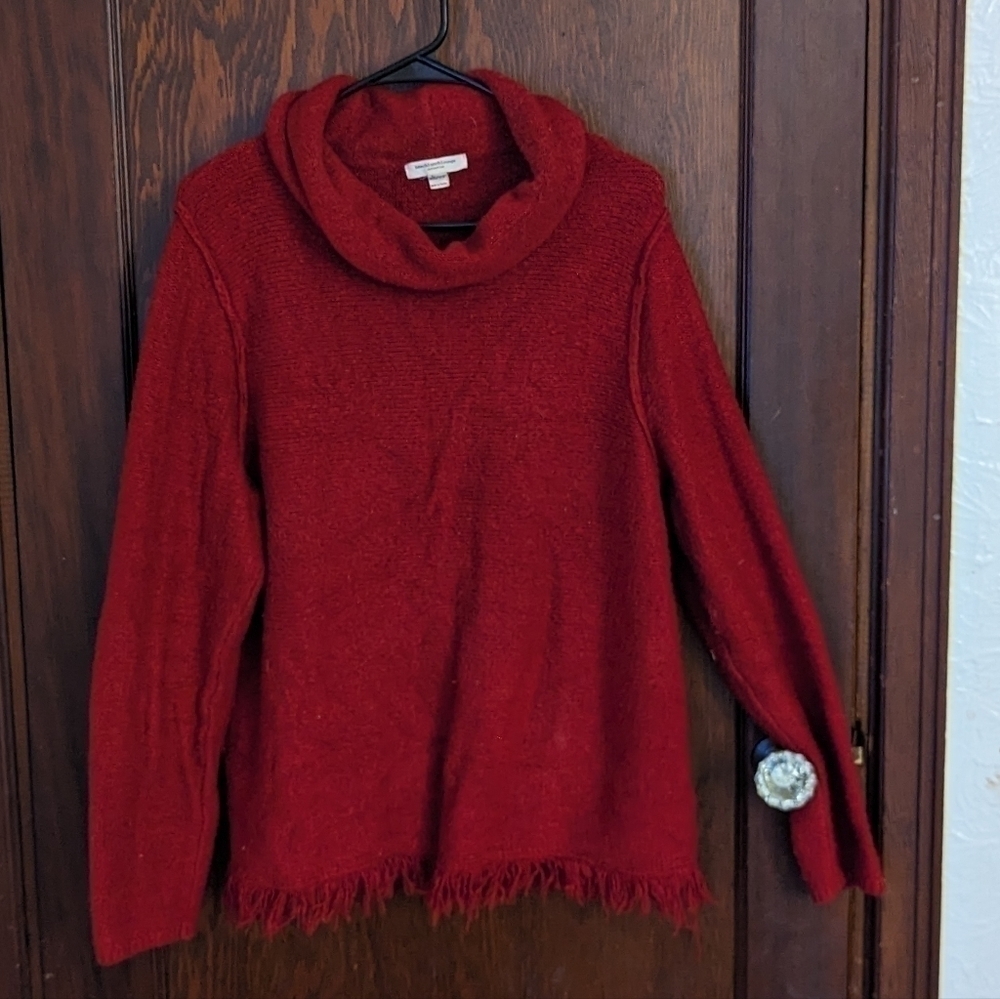 Beach Lunch Lounge Red Cowl Neck Fringe Bottom Sweater Size XL
